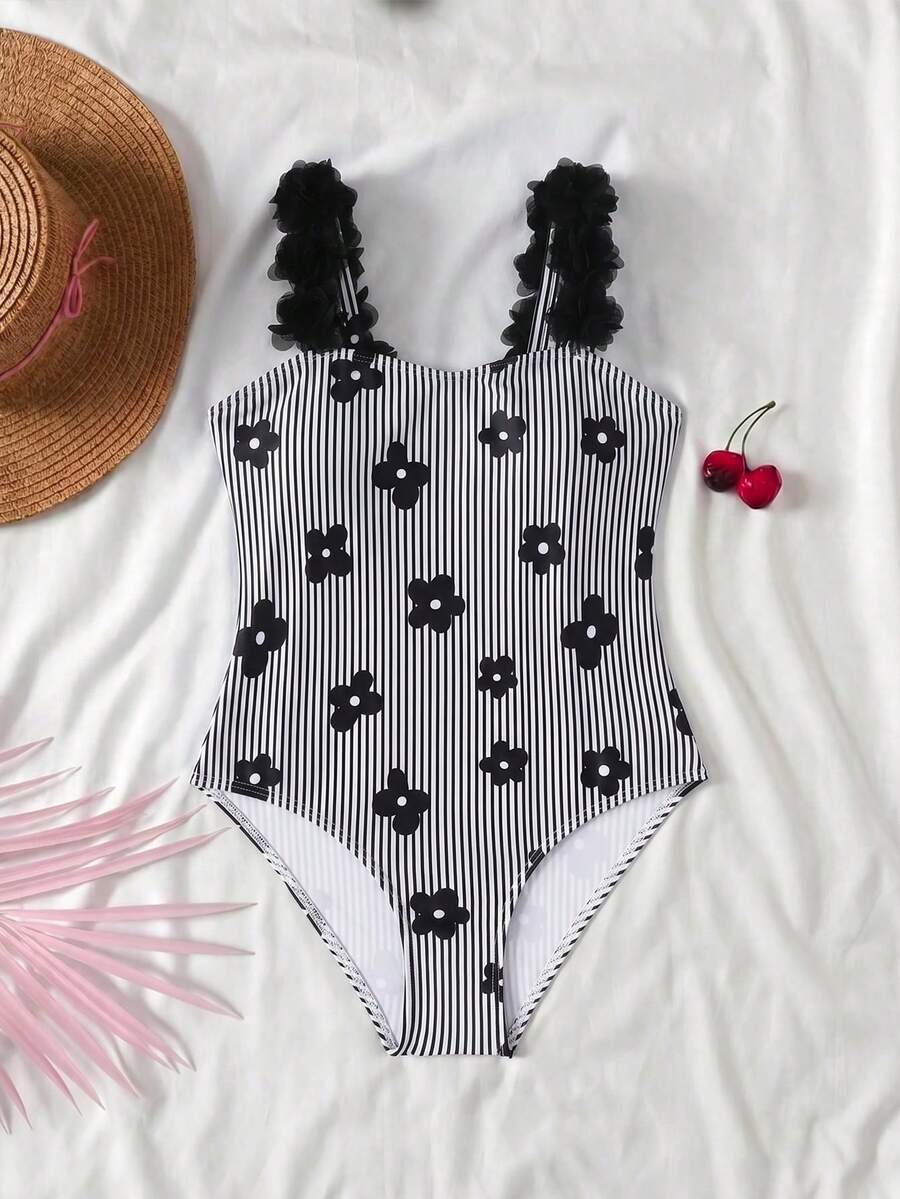 SHEIN 少女可爱碎花条纹蝴蝶结装饰连体泳衣,夏季 - 黑與白 - 查看 1
