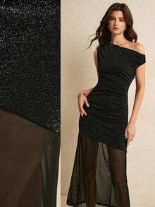 Poéselle Women's Elegant Sexy Black Glitter Off-Shoulder Midi Dress, Sheer Mesh Mermaid Hem, Summer Glow Party Night Out Wedding Guest Cocktail - Black - View 3