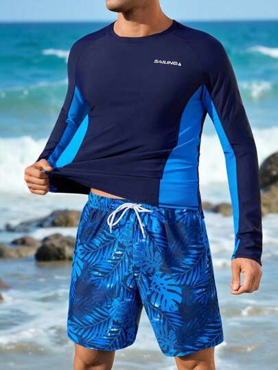 Manfinity KASUA Men's Long Sleeve Rash Guard And Swim Shorts Set Men Active Wear Men's Rashguard Beach Wear Men Swim Shirt Sport Clothes, Holiday