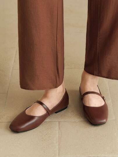Alvarani Women's Fashion Square Toe Slip-On Brown Shoes, Casual Office Wear, Versatile, Outdoor, High-Quality, Comfortable Flat Shoes, Mary Jane Ballet Shoes, Suitable For Party, Wedding