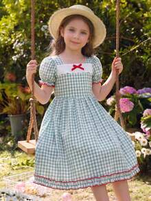 SHEIN Elladie kids 1件装 女童夏季新款露肩泡泡袖荷叶边蝴蝶结腰带格子A字可爱甜美公主裙 - 綠色 - 查看 4
