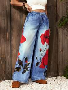 SHEIN PETITE Quần jeans nữ in họa tiết, cạp chun, ống đứng, dáng rộng, thoải mái - Màu xanh lam - Xem 4
