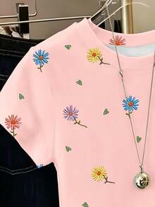 Teenage Girls' Casual Fresh Daisy Ditsy Floral Short Sleeve Round Neck T-Shirt, Pink Summer Tops For Daily Wear - Multicolor - View 4