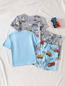 SHEIN GraphicGems 4-Piece Toddler Boys' Casual Summer Pajamas Set, Featuring Olive Green And Apricot Colors With All-Over Cartoon Car Print. This Short Sleeve Round Neck Sleepwear And Shorts Are Made Of Soft, Stretchy, Smooth Knit Material For Comfortable Skin-Friendly Nightwear And Loungewear - Multicolor - View 2