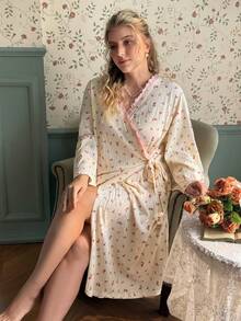 CottageSlumber Bata larga de noche con volantes, estampado floral rosa y anudado delantero, talla grande, otoño - Albaricoque - Ver 8