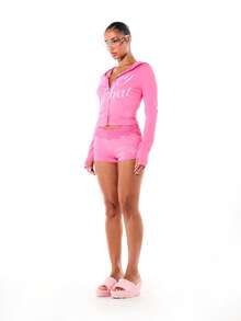 BABYPHAT Shorts de Malha Rosa Quente com Barra de Renda e Estampa de Logo, Shorts Casuais de Verão - Rosa chiclete - Visão 3