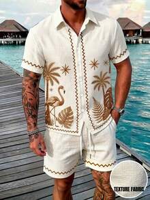 Alderstead Texture Fabric Men's Printed  Shirt And Shorts Set, Casual Holiday Outfit  Summer Clothes  Holiday Outfits   Summer Set Vacation Sets  Summer Two Piece Set  Matching Set Casual Street Style For Brunch, Resort Trips & Everyday Wear, Perfect Gift For Him, Brother & Young People - Multicolor - View 6
