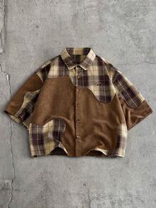 AXEPEAK Men's Plaid Patchwork Short Sleeve Single-Breasted Casual Shirt - Multicolor - View 1