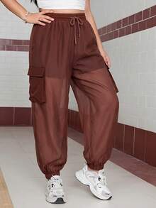 SHEIN EZwear 大码女式休闲运动抽绳腰带翻盖口袋轻薄透气慢跑工装裤 - 鏽棕色 - 查看 3