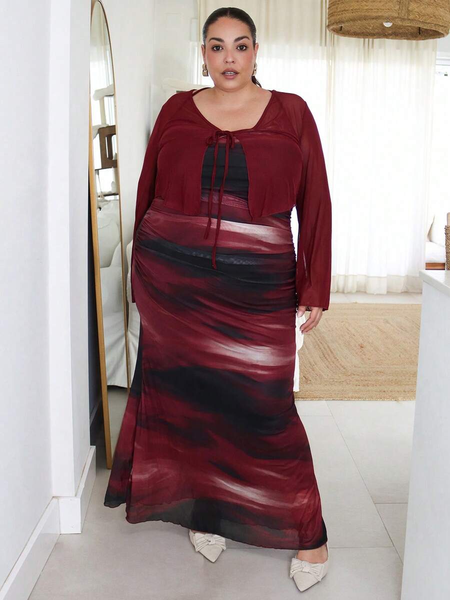 Pretty and Ole Plus Size Casual Romantic Dress & Cover Up 2 Pieces Set Elegant - Multicolor - View 1
