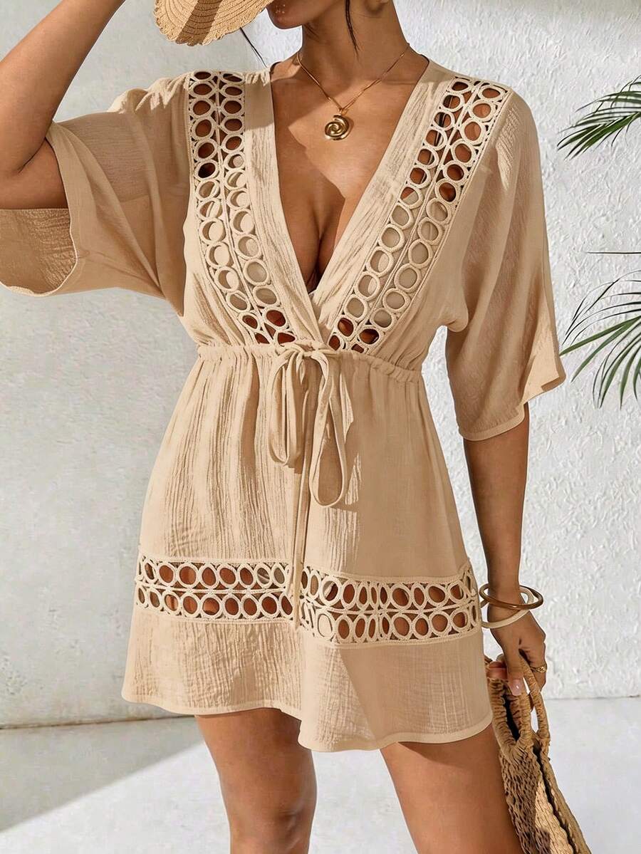 Swim Lushoire Women's Black Deep V-Neck Casual Cover Up, Spring/Summer - Khaki - View 1
