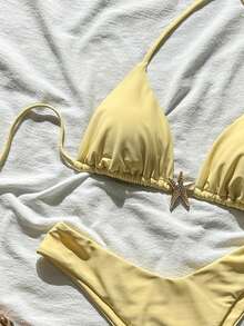 Swim Mod Women's Solid Color Spaghetti Strap Metal Decor Sexy Bikini Set, Summer - Yellow - View 5