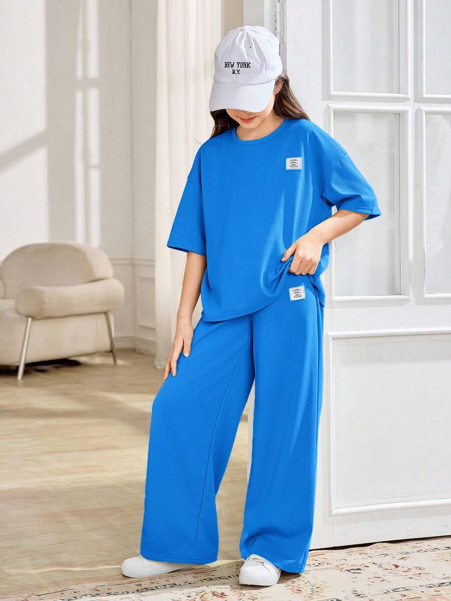 SHEIN Setelan 2 Potong untuk Anak Perempuan Remaja: Kaos Lengan Pendek Leher Bulat dan Celana Panjang, Kasual, Longgar, dan Nyaman - Biru - View 1