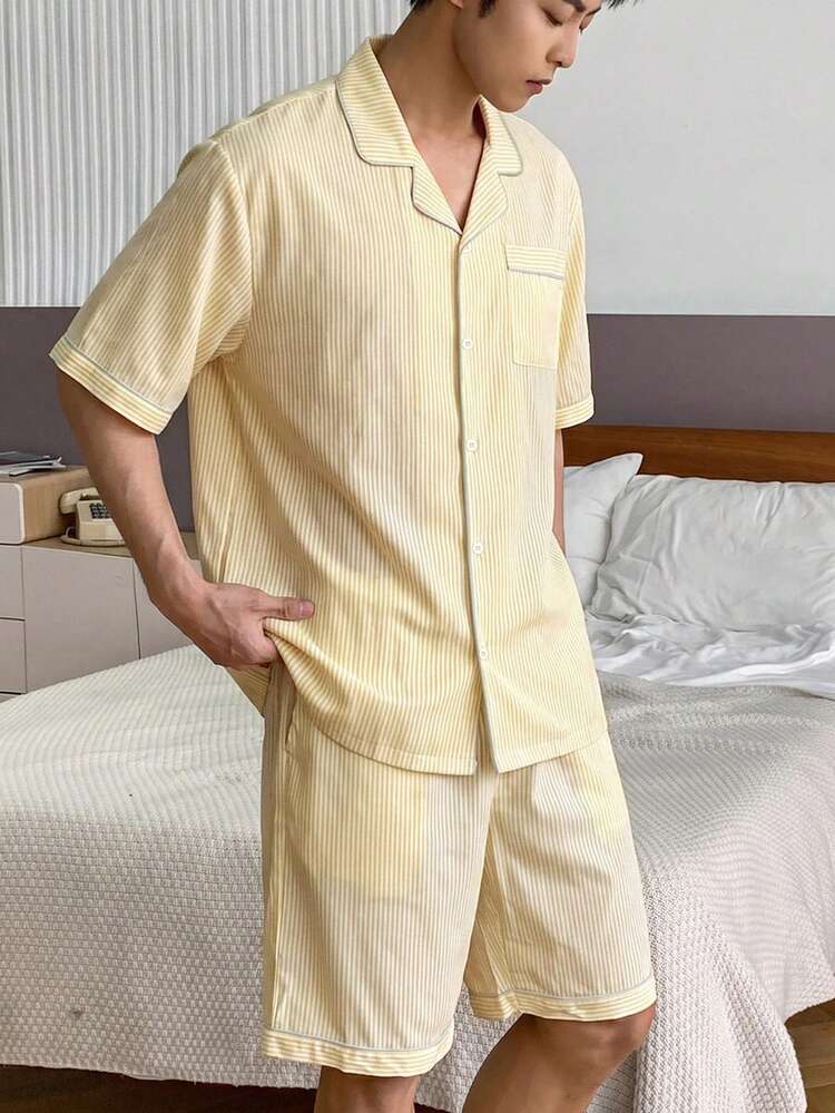 Short Sleeve Shirt And Shorts Set, Pale Yellow Striped Men's Loungewear