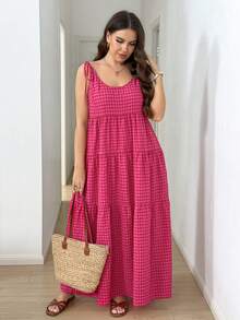 SHEIN LUNE Đầm nữ cỡ lớn kiểu dáng thường ngày mùa hè, họa tiết in, buộc dây vai, xếp tầng. - Nhiều màu - Xem 3