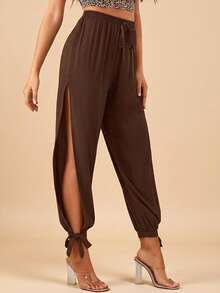 Travachic Split Thigh Knot Hem Solid Pants Spring Summer Clothing - Brown - View 4