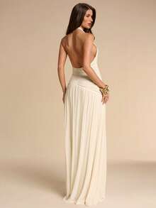 SHEIN BAE Đầm chữ A màu mơ, cổ yếm, cổ chữ V sâu, xếp ly, thanh lịch, thích hợp cho kỳ nghỉ, đi biển, làm phù dâu, dự tiệc trang trọng. - Màu be - Xem 2