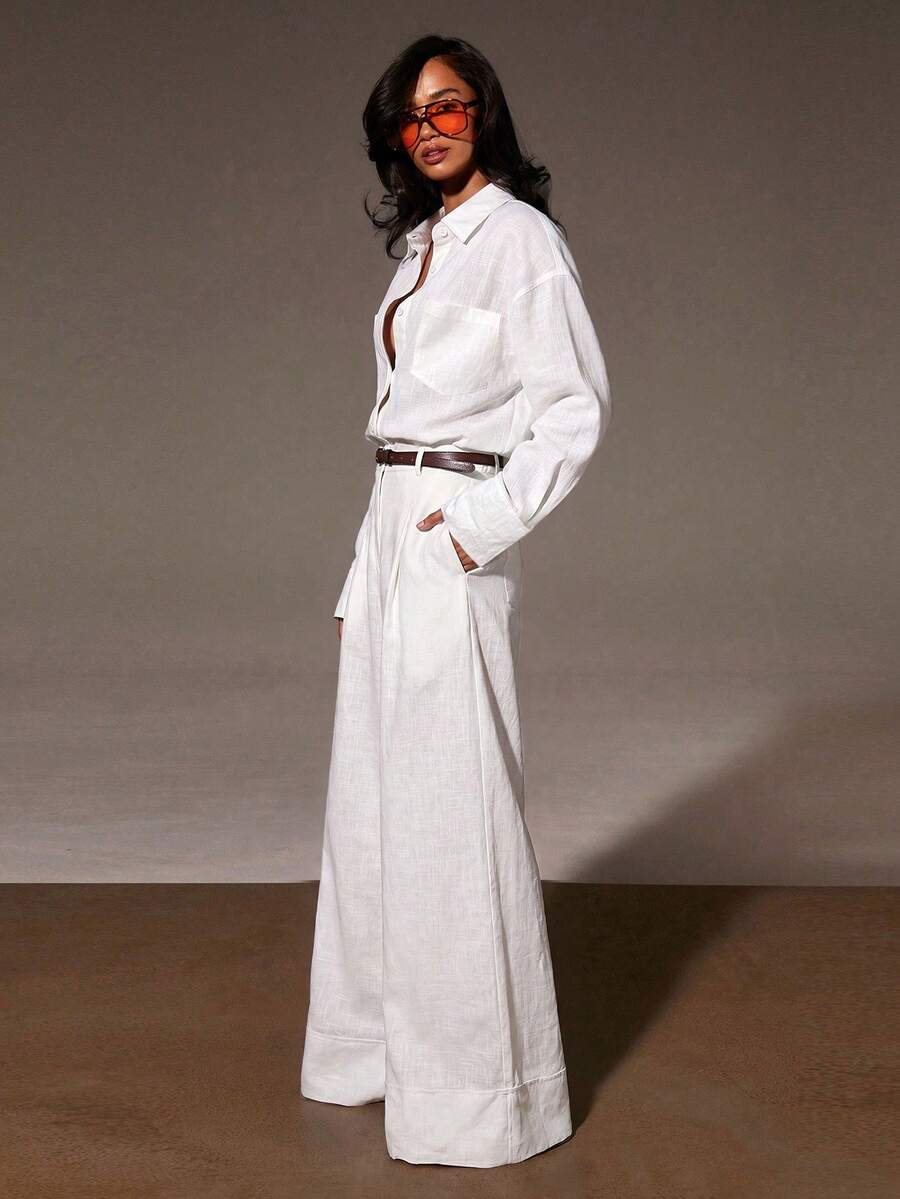 Athîral Jumpsuit Wanita Warna Polos Modis untuk Berpergian - Putih - View 1