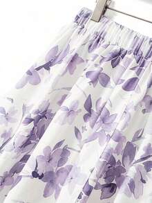 GlowEve CURVE Plus Size Women's Floral Print Elastic Waist Ruched A-Line Skirt Suitable For Spring Summer Date Night Vacation White Elegant - Purple - View 4