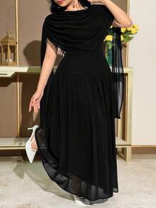 Feyla Plus Size Women's Elegant Party Banquet Black Ruched Batwing Sleeve Waist Cinched Dress - Black - View 1