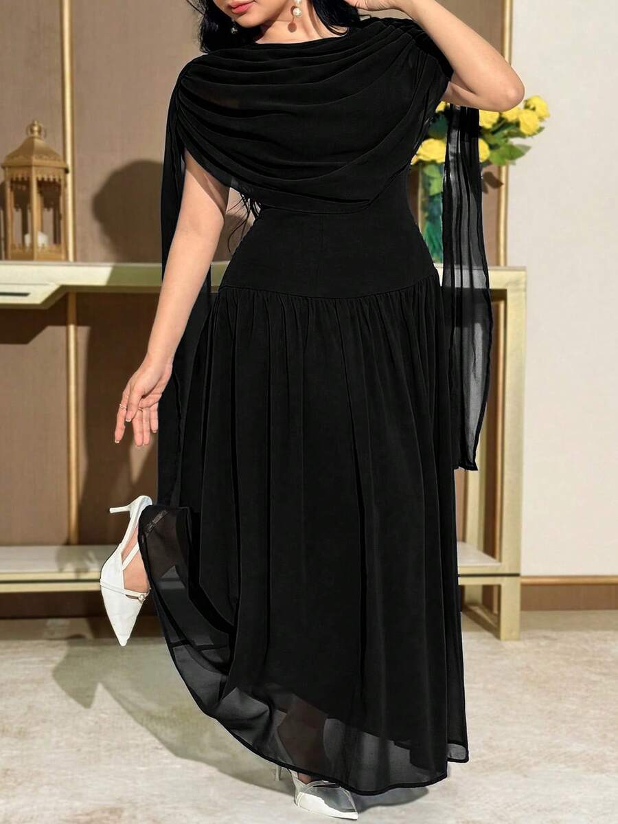 Feyla Plus Size Women's Elegant Party Banquet Black Ruched Batwing Sleeve Waist Cinched Dress - Black - View 1