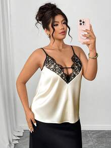 Elenzga Áo hai dây satin bóng phối ren dành cho nữ cỡ lớn, gợi cảm, thanh lịch, sang trọng, thích hợp cho kỳ nghỉ, màu mơ. - Màu be - Xem 5