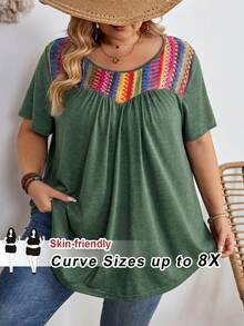 SHEIN CURVE+ 大码撞色条纹T恤，超宽松，度假风波西米亚风 - 綠色 - 查看 1