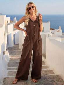EMERY ROSE Women's Solid Color Round Neck Casual Everyday Jumpsuit - Brown - View 3