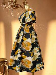 Rometta Vestido floral de manga corta con cuello cuadrado y cintura ceñida, de talla grande, elegante y de moda, para primavera/verano - Multicolor - Ver 2