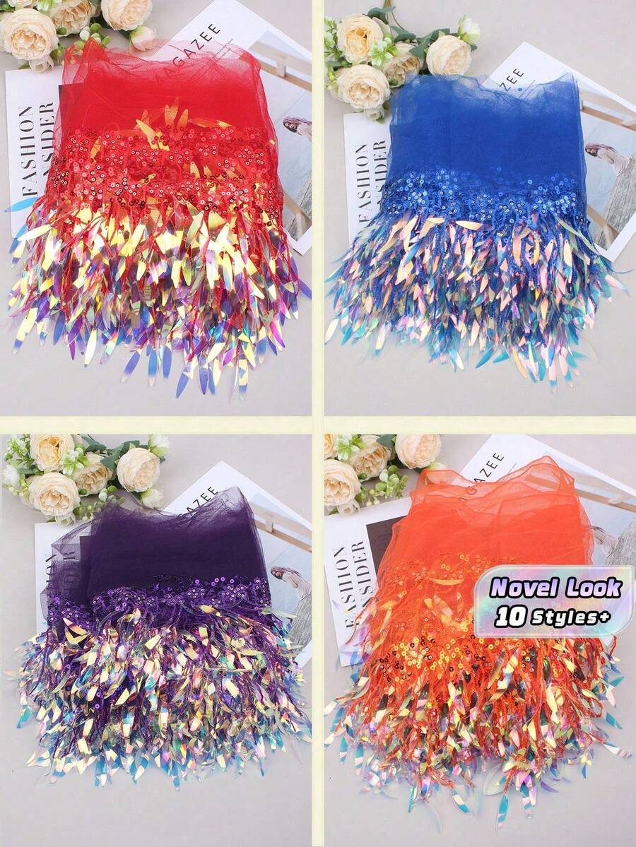 1PC New Sparkly Sequin Mesh Tassel Fringes DIY Stage Performance Costume Curtain Decorative Fabric, In Stock, Length: 30ft, Width: 6in - multicolor - View 1