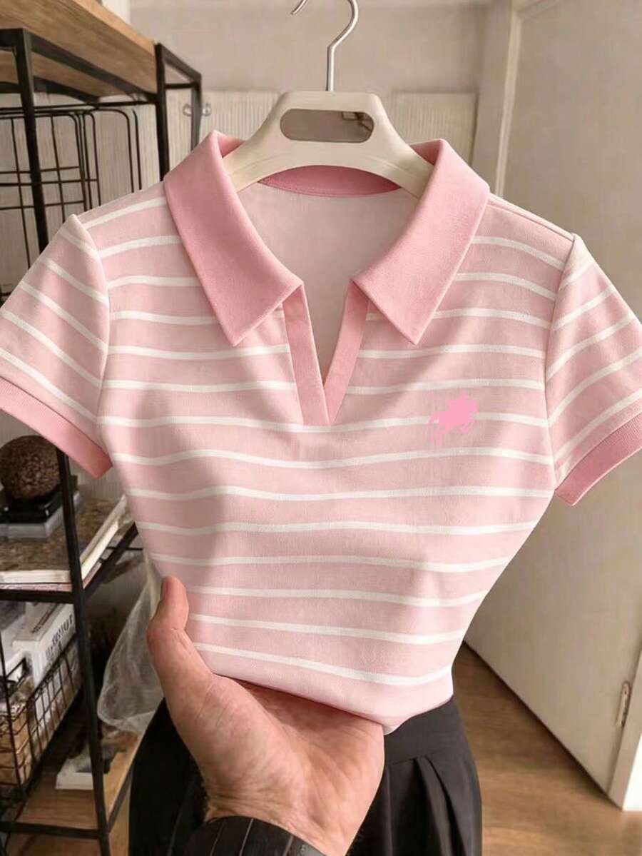 Rovax Women's Short Polo Shirt With Striped Horse Riding Print, Contrast Color Collar - Multicolor - View 1
