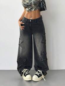 Coolane Quần jeans ống rộng dáng suông, thời trang đường phố phong cách Y2K dành cho nữ cỡ lớn, kiểu dáng thường ngày, cá tính, có tua rua, họa tiết ngôi sao, thích hợp cho việc đi làm. - màu đen - Xem 4