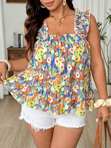 SHEIN LUNE Plus Size Summer Fashion Casual Vacation Floral Ruffle Trim Camisole - Multicolor - View 1