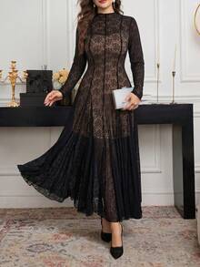 Modelyn Elegant High-End Black Lace Flowy Dress, Suitable For Spring & Summer - Black - View 4