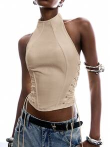 LYSMO 2026 Nueva Top Casual Versátil sin Mangas con Lazo de unicolor Minimalista para Mujeres, Adecuada para Citas y Salidas, Caqui - Caqui - Ver 8