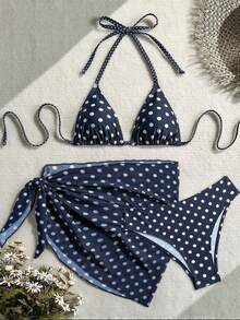Swim Mod Conjunto de bikini de 3 piezas con estampado de lunares, escote halter y espalda con lazo, para vacaciones en la playa, atuendo de primavera, carnaval 2026, elegante, casual, traje - Azul marino - Ver 4