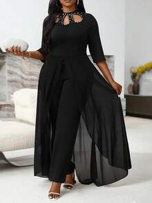 Villa Velisse Plus Size Asymmetrical Hem Cape Embroidered Beaded Short Sleeve Jumpsuit - Black - View 6
