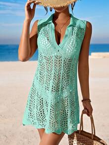 SHEIN Swim 女士夏季度假沙滩镂空针织领无袖罩衫连衣裙 - 薄荷藍 - 查看 3