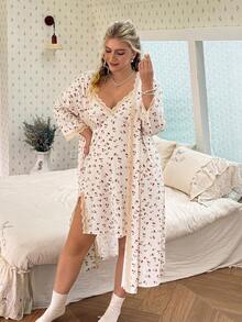 CottageSlumber Plus Size Women's Romantic Ditsy Floral Lace Patchwork Camisole & Robe 2-Piece Sleepwear Set - Apricot - View 5