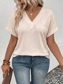 EMERY ROSE Camiseta de manga corta con cuello en V acanalado ancho de punto suave, nueva llegada de primavera/verano, talla grande - Albaricoque - Ver 7