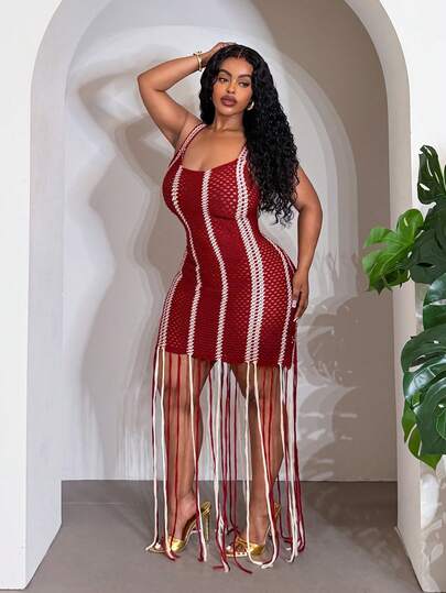 Veslaya Vestido de tirantes con flecos a rayas para mujer talla grande, ideal para festivales de música y playa en primavera/verano 2026