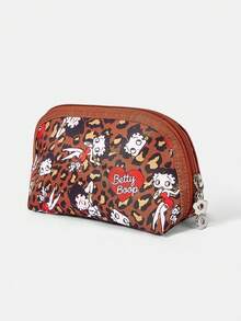 Betty Boop x SHEIN 1个纸箱图案化妆包，便携式拉链化妆品收纳袋，多功能整理包，轻便旅行包 - 豹紋棕 - 查看 4