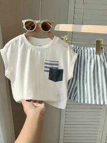 2pcs/Set Baby Boy Girl Green And White Striped Summer Casual Beach Outfit,Patchwork White Short Sleeve T-Shirt And Striped Shorts Set For Party,Daily - Green - View 5
