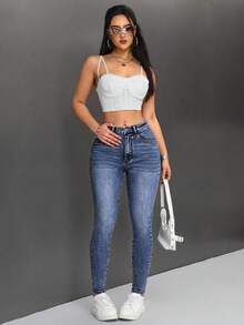 SHEIN PETITE 女士时尚多功能口袋拉链修身牛仔裤 - 深色水洗藍 - 查看 6