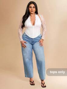 SHEIN BAE 大码女式蕾丝拼接露背吊带上衣 - 白色 - 查看 5