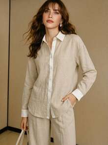 MOTF PREMIUM WOMEN'S SPRING SOLID COLOR LINEN-LIKE BAMBOO KNOT PATCHWORK SATIN ELEGANT SHIRT AND PANTS 2 PIECES SET - Khaki - View 3