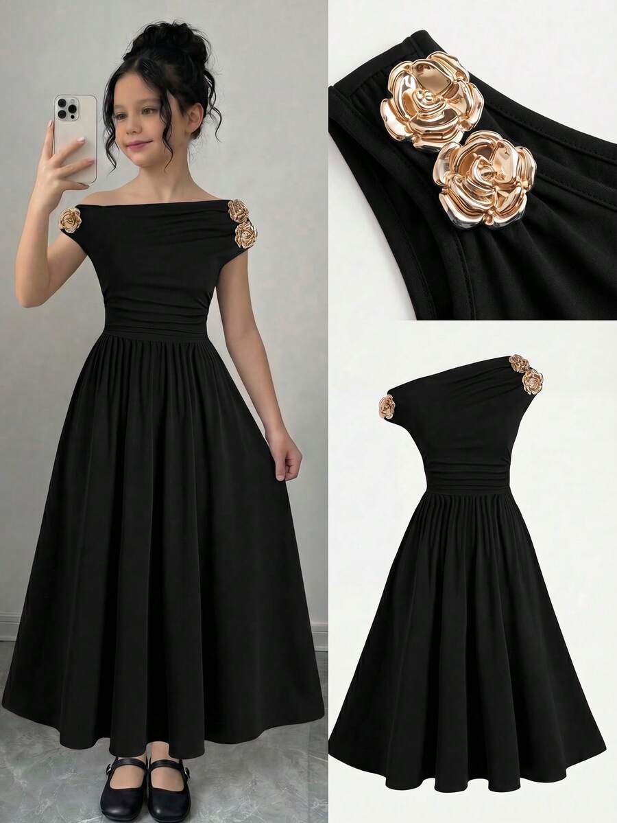 SHEIN Đầm đen cổ lệch thanh lịch dành cho bé gái tuổi teen - màu đen - Xem 1