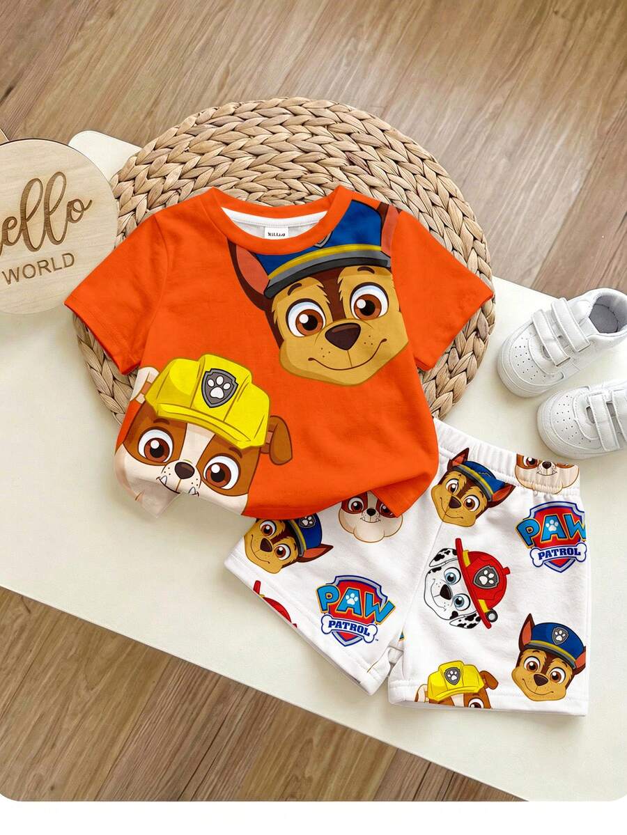 SHEIN | PAW Patrol 2件套男婴休闲柔软舒适卡通印花圆领短袖T恤和短裤套装,适合春夏穿着 - 彩色 - 查看 1