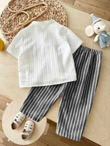 LMoss Kids 2pcs Baby Boy Woven Solid Color Collared Shirt And Pants Set - Multicolor - View 2