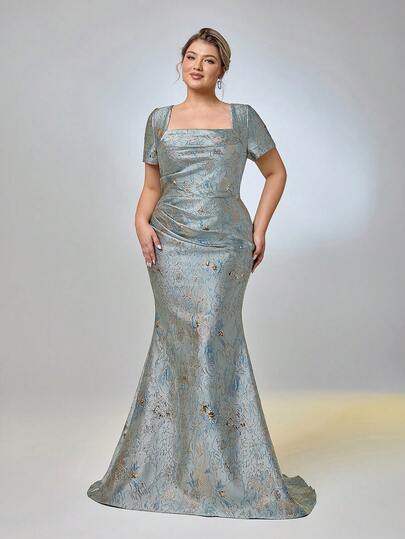 Serin Đầm dáng ôm, sang trọng, màu đen jacquard satin, cổ vuông, tay ngắn, xếp ly, chân váy đuôi cá, thích hợp cho tiệc tối, dạ hội, đám cưới, kỳ nghỉ, mẹ cô dâu, khách mời.